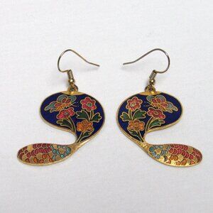 CLOISONNE Dangle Drop Earrings Unusual Shape Gold Tone Blue Red Costume Jewelry
